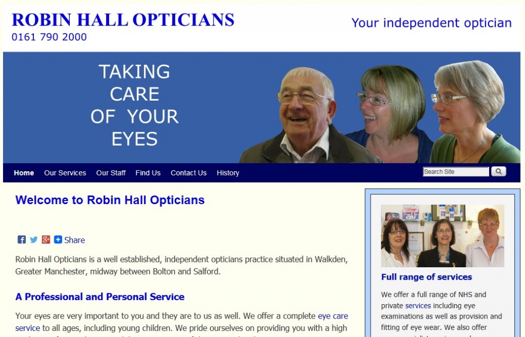 Screen shot of Robin Hall Opticians website by Nepeta Consulting