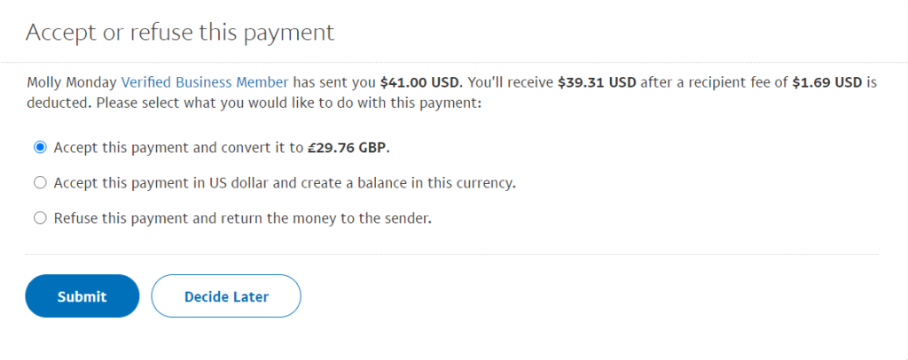 Conversion options fpr PayPal payments in other currencies