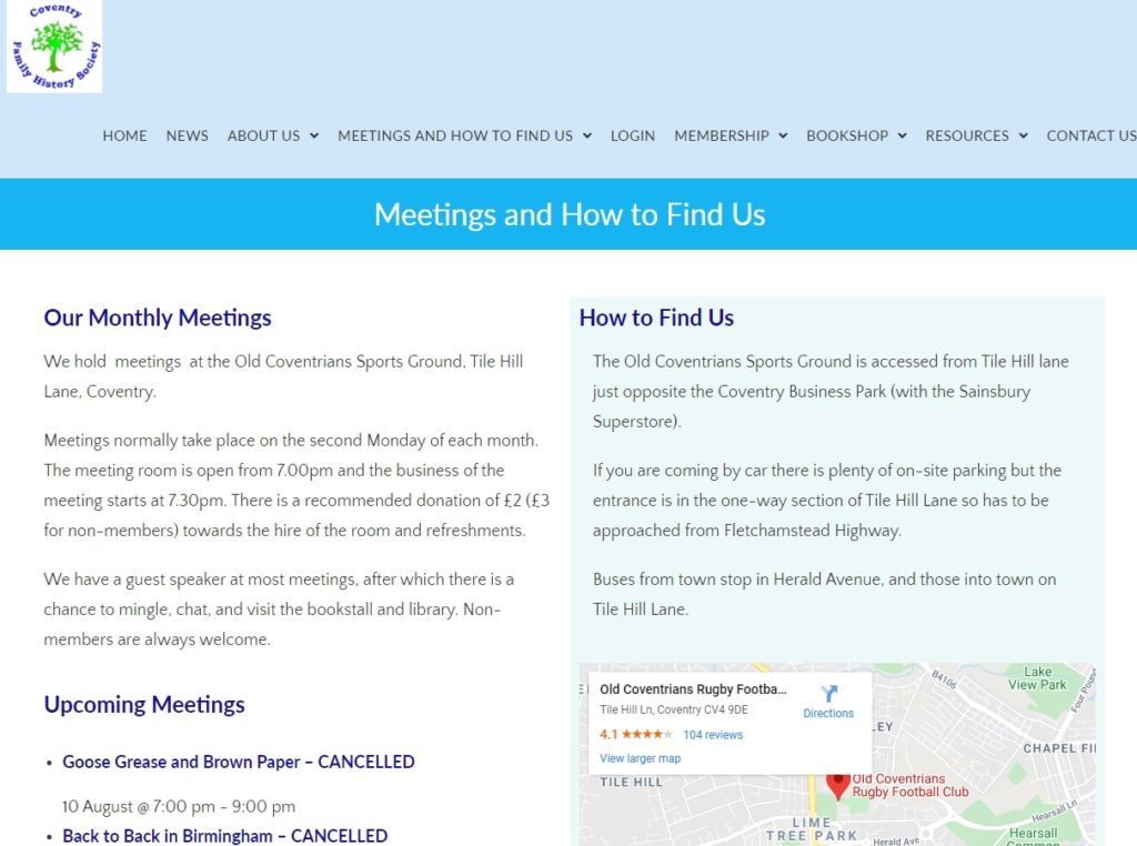 Meetings page Coventry Family History website by Nepeta Consulting