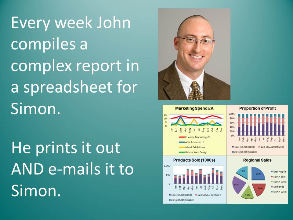 He prints it and e-mails it to Simon