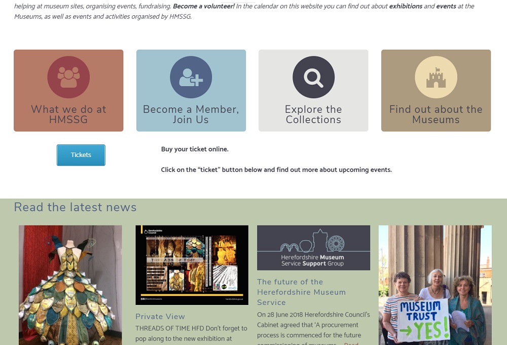 Middle part of the home page of Hereforshire Museum Support Services Group - created by Nepeta Consulting