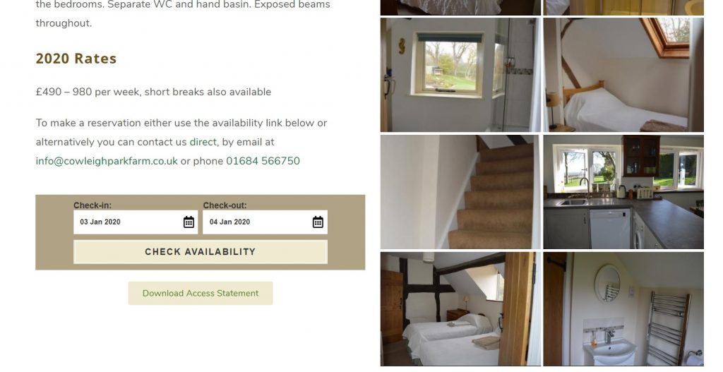 Cowleigh Park Farm - booking page. DEveloped by Nepeta Consulting