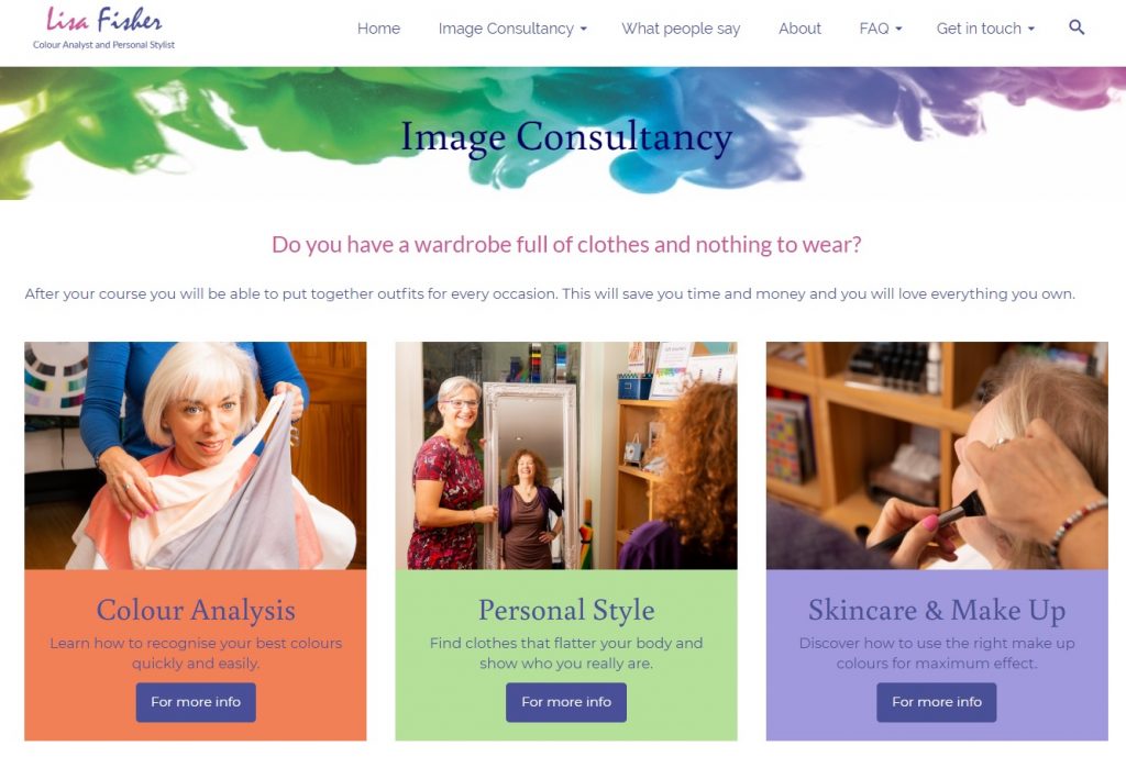 Lisa Fisher website - multi-coloured servicespage - designed by Nepeta Consulting