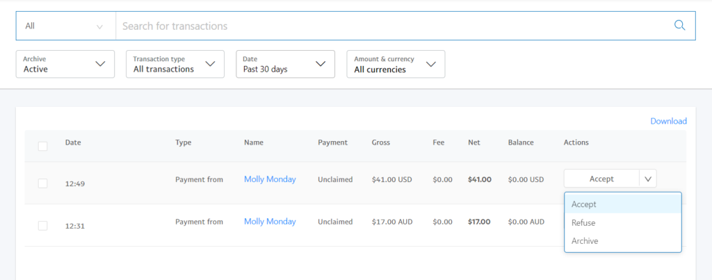 Screenshot of PayPal options for unclaimed payment as explained by Nepeta Consulting