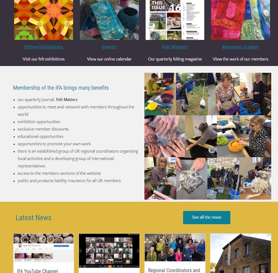 International Feltmakers Association middle of home page - a website designed and maintained by Nepeta Consulting