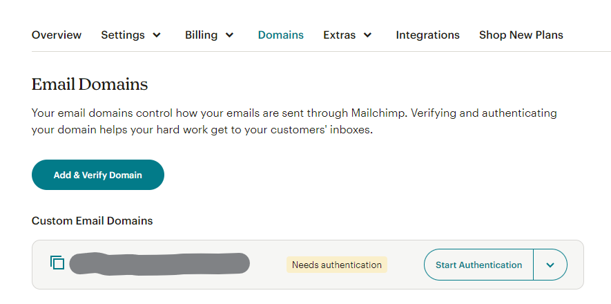 Mailchimp Domains page showing a domain needing authentication