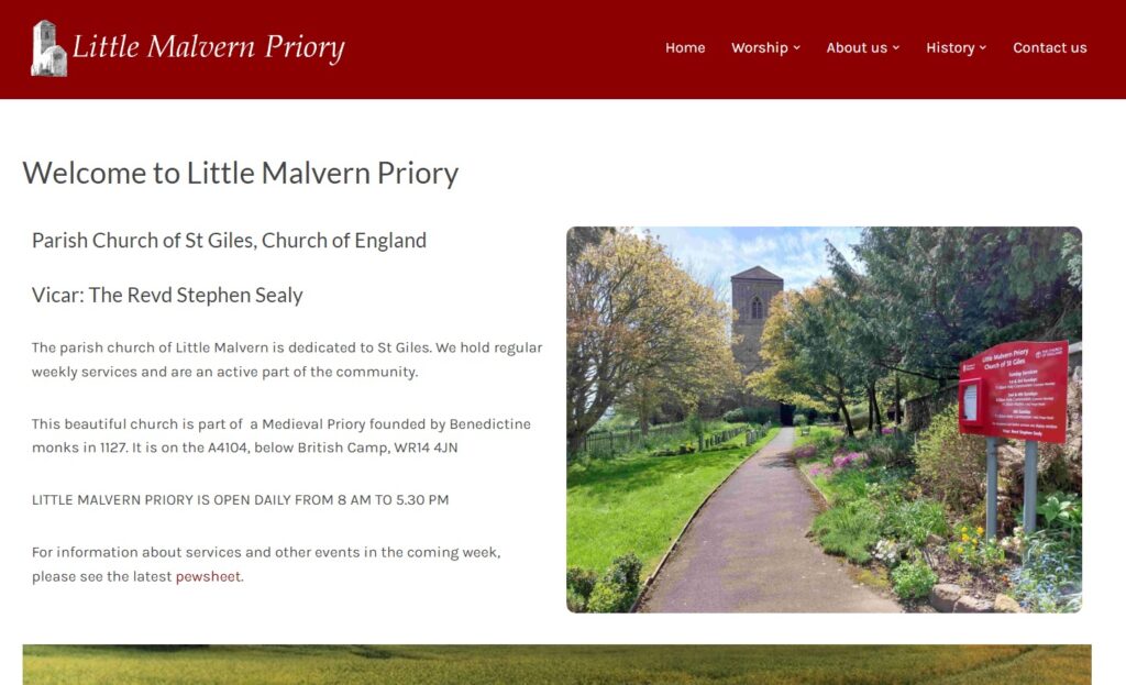 Front page of the Little Malvern Priory website - redeveloped by Nepeta Consulting
