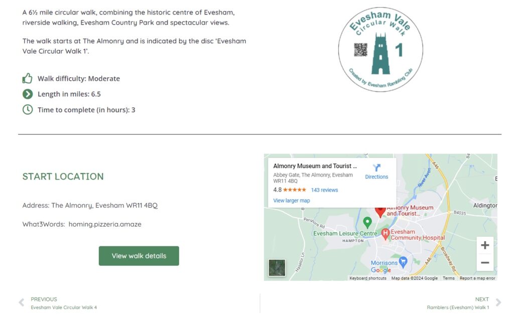 A walks page on Evesham Welcomes Walkers showing the layout of the key walk information.