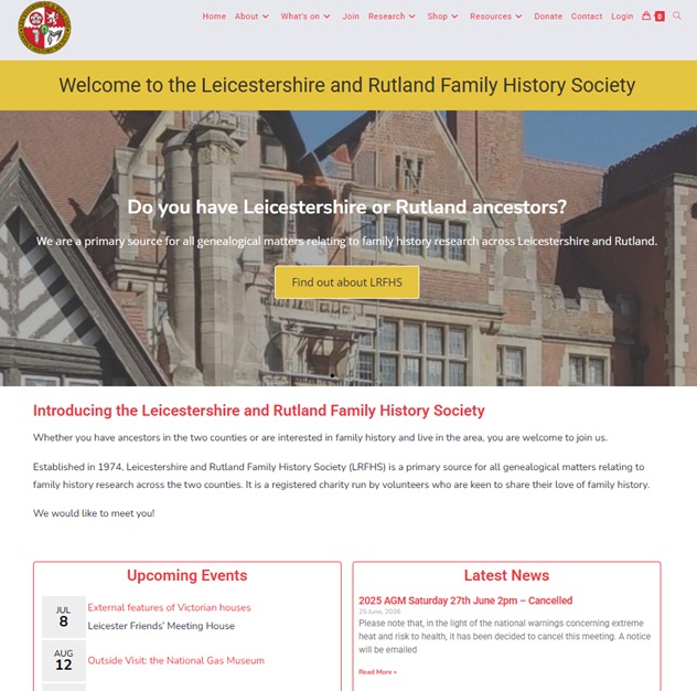 Front page of the Leicestershire and Rutland Family History Society website