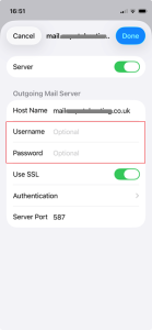 Outgoing mail settings page on iPhone from a post by Nepeta Consulting